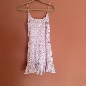 Light lilac spaghetti strap lacy mini dress, medium.